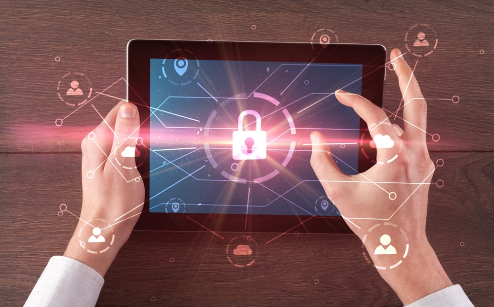 Hand touching online network security button and cloud, connection and contact concept Hand touching online network security button and cloud, connection and contact concept
